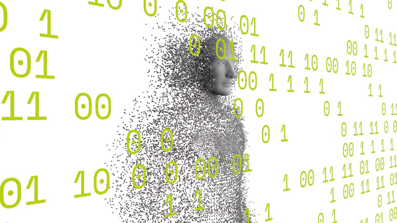 animación de codificación binaria, cuerpo humano con partículas grises que explotan