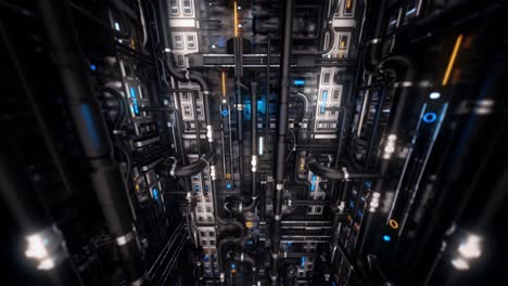 abstract new details of mechanism with many pipes and colorful indicators, seamless loop. animation. 3d generated technological industrial template, view inside of a machine