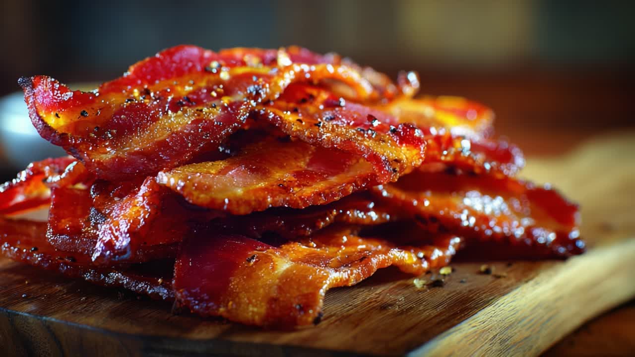 Crispy, Savory Bacon Stacked on a Wooden Board, Highlighting the Sizzling Texture and Rich Flavor of This Beloved Breakfast Delicacy