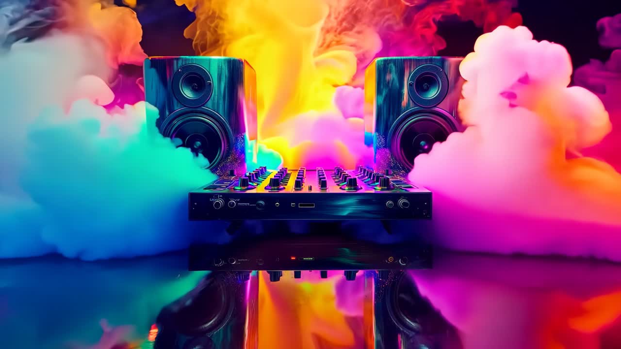 un par de altavoces sentados en la parte superior de una mesa al lado de un mezclador de dj