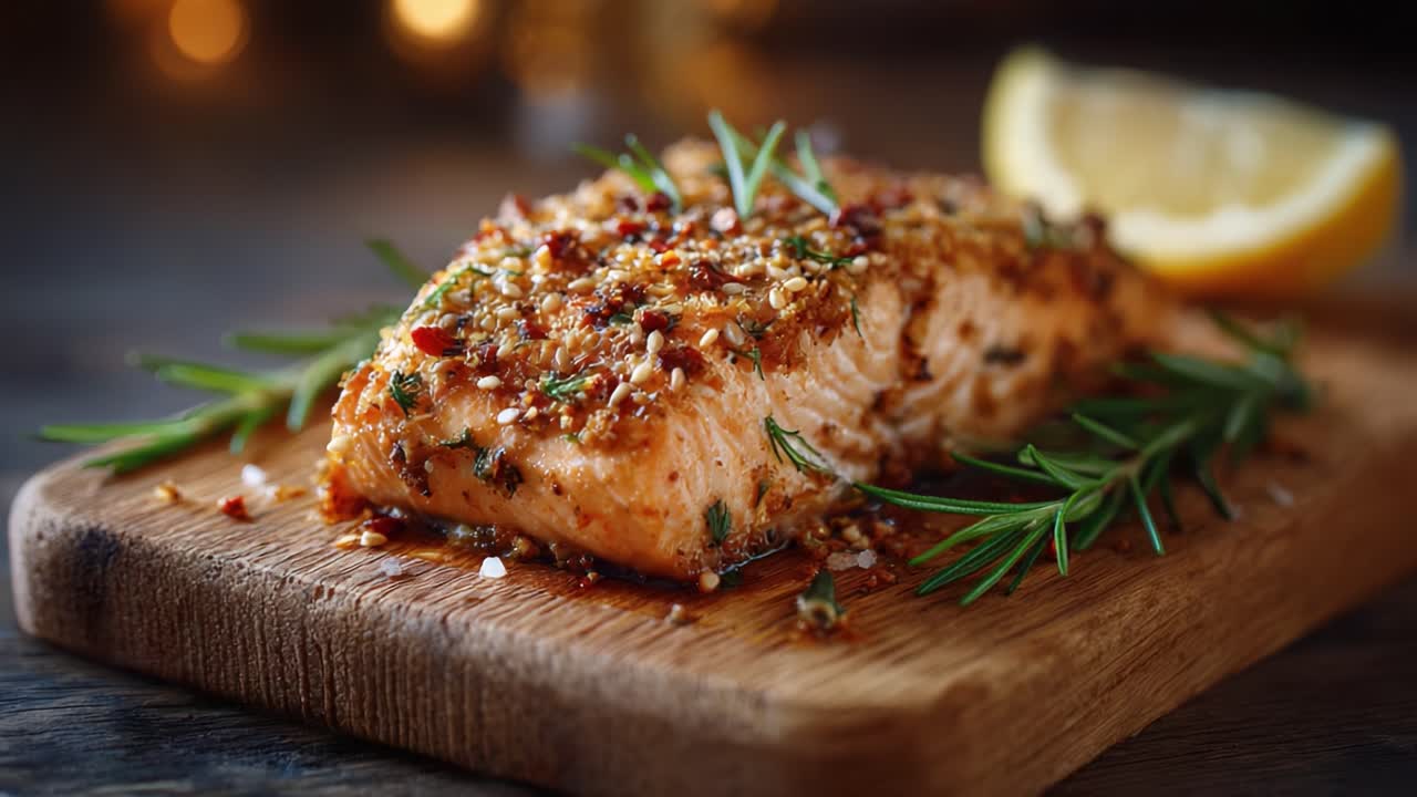 Deliciously Cooked Salmon Fillet Garnished with Herbs and Spices, Served on a Wooden Cutting Board with a Lemon Wedge for an Appetizing Presentation
