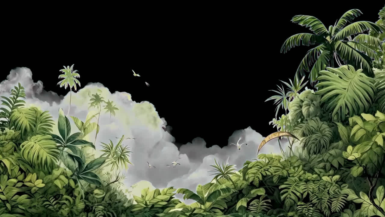Lush tropical jungle illustration animated overlay, transparent 4K video, alpha channel, ProRes 4444