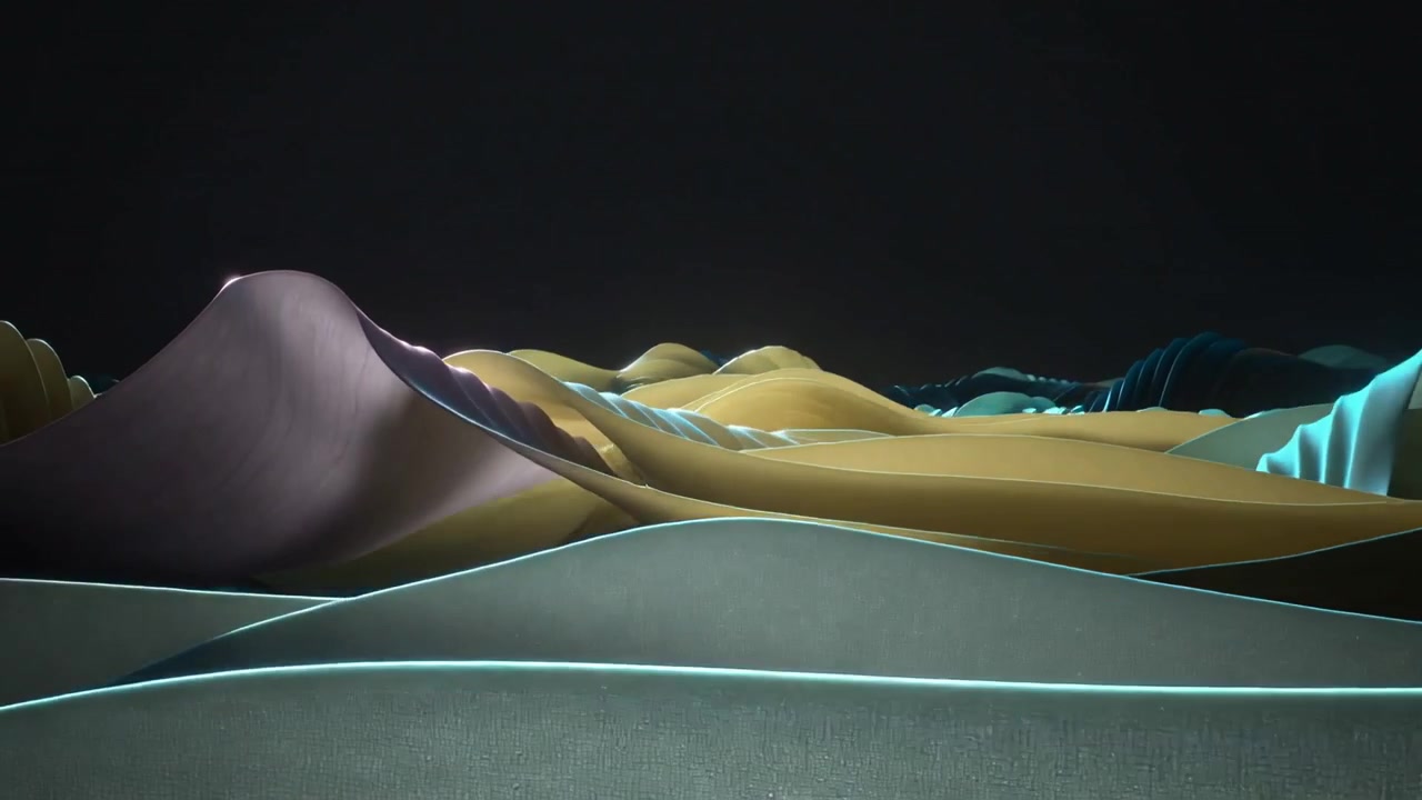 Flowing layered ribbons moving with camera pullback, sliding and revealing rim-lit panorama in void