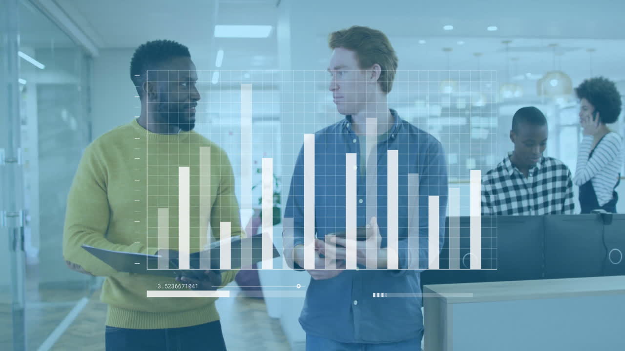 Discussing data analytics with bar graph animation, business professionals in office