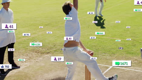 animation of social media icons with growing numbers over diverse male cricket players