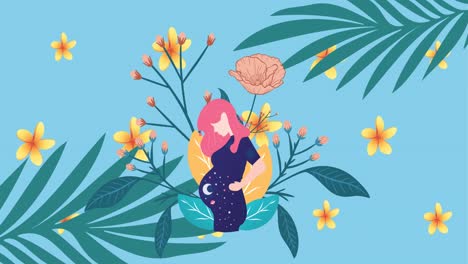 animation of pregnant woman over moving flowers and leaves on blue background