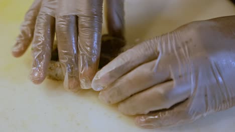 persona con guantes colocando rebanadas de sushi fresco una al lado de la otra