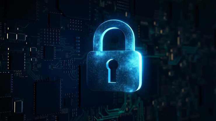 Cybersecurity Concept: Digital Padlock on Circuit Board