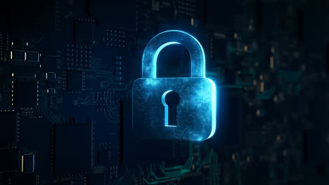 cybersecurity concept: digital padlock on circuit board