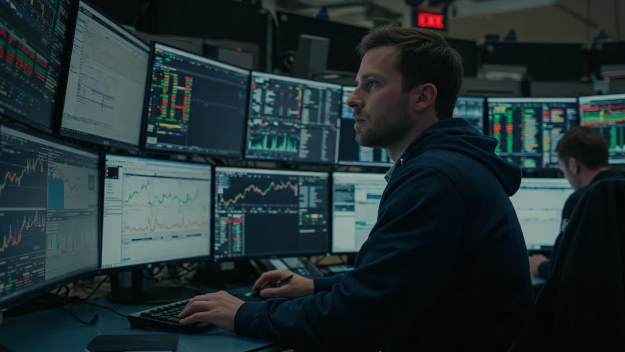 Focused Trader Analyzing Market Trends with Multiple Screens in a High-Tech Trading Room Environment, Capturing the Essence of Financial Analysis and Real-Time Decision Making