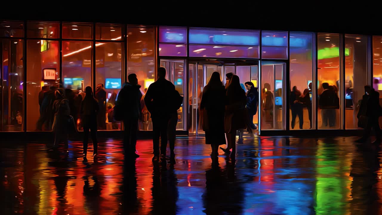 A Vibrant Evening Scene Depicting People Interacting and Entering a Colorfully Lit Venue with Shimmering Reflections on the Wet Ground, Showcasing the Lively Atmosphere and Modern Design of the Establishment