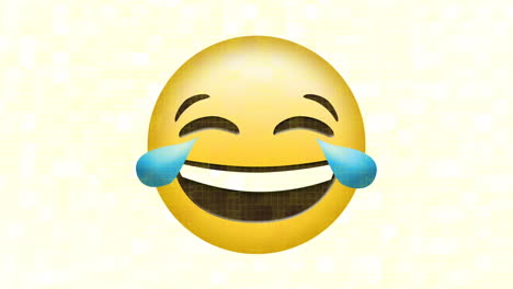 animación de llanto con emoticono de alegría sobre fondo blanco y amarillo