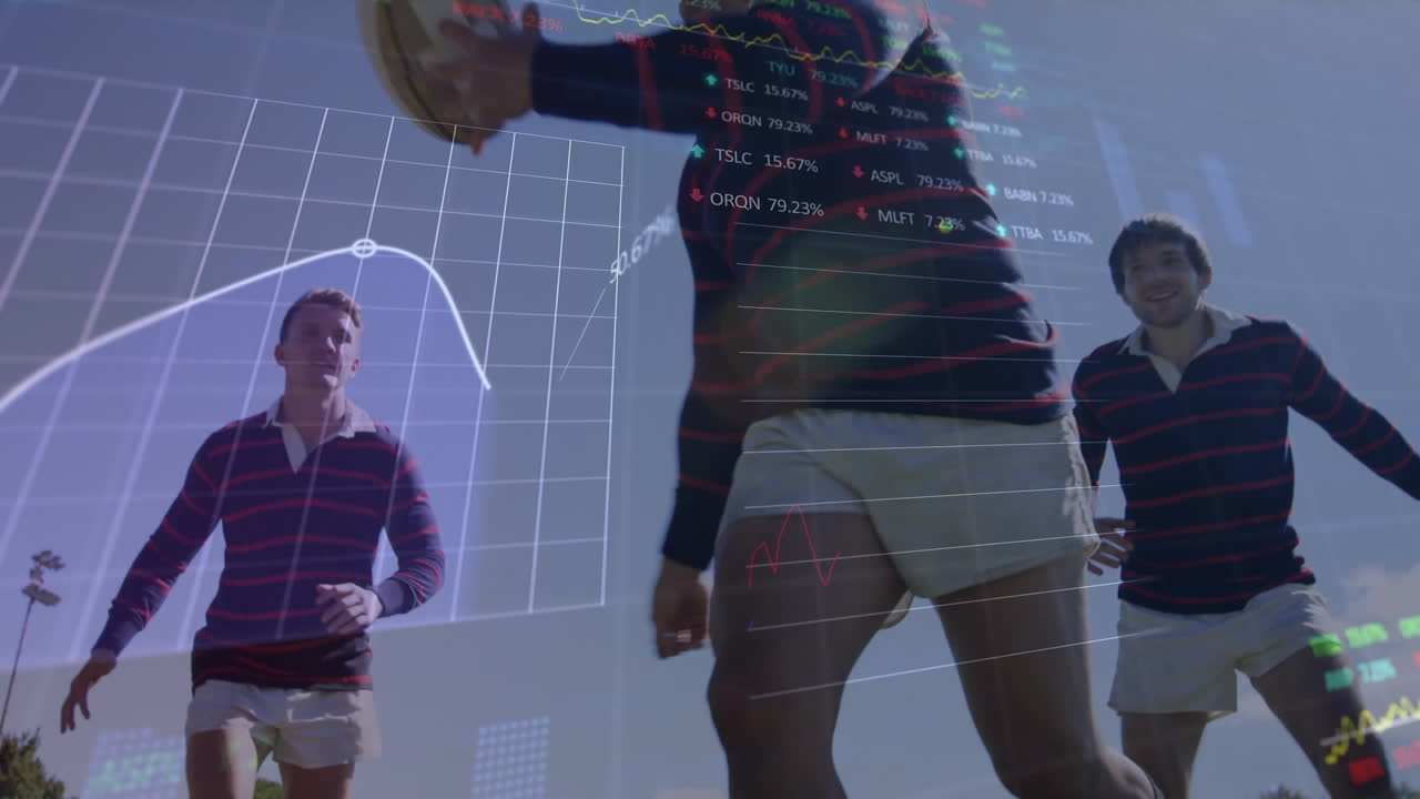 animación del procesamiento de datos financieros sobre diversos jugadores de rugby.