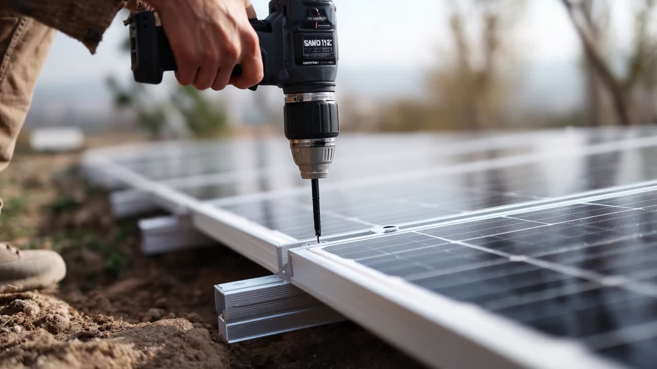 A person utilizing a power drill to secure solar panels, showcasing the installation process in a renewable energy project emphasizing sustainable technology and eco-friendly practices in action