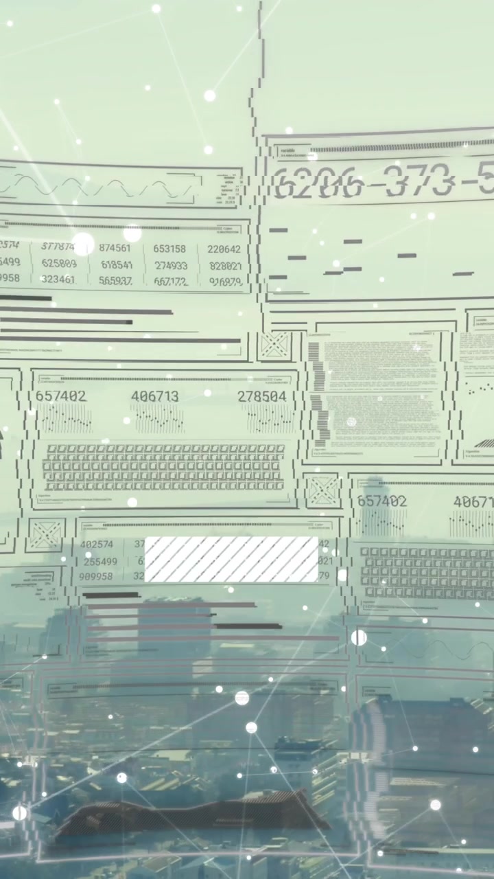 Animation of interface with data processing and network of connections over aerial view of cityscape