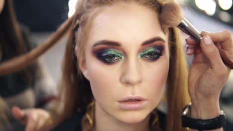 Contouring young model&#039;s face with big brush and powder. Smoky eyes. Hair stylist behind
