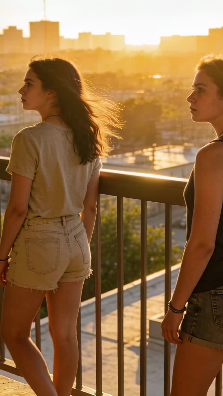 Video verticale: Due adolescenti in piedi osservano il tramonto dello skyline dalla ringhiera del tetto, con la brezza che solleva i capelli.