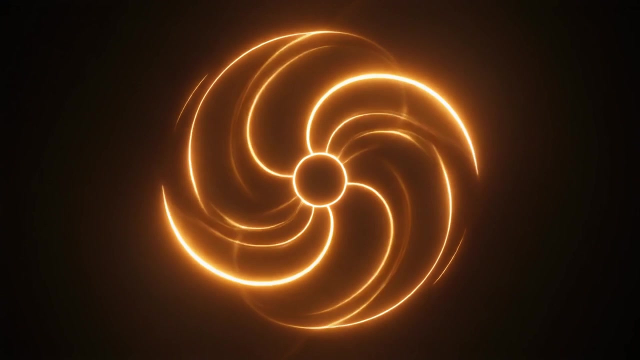 Simbolo astratto rotante dorato e luminoso su sfondo scuro