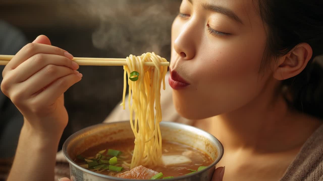 Vapore che si alza, donna asiatica che tiene una ciotola di metallo e le bacchette, che sorseggia noodles a casa, spazio per la copia