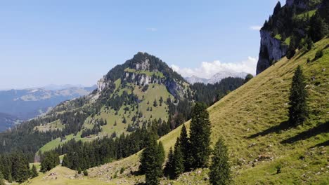 Serene-mountain-landscape-and-Gross-Aubrig-summit,-Switzerland,-aerial-view
