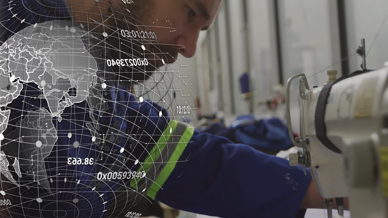 Garment worker smoothing fabric and feeding sewing machine, animated globe overlaying ensuring seam