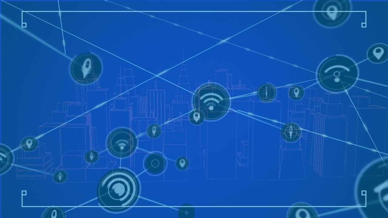 Animation of network of connections over digital city on blue background