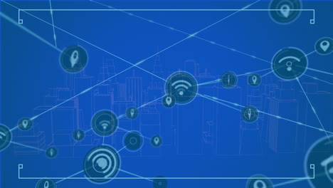 animación de la red de conexiones sobre la ciudad digital sobre fondo azul