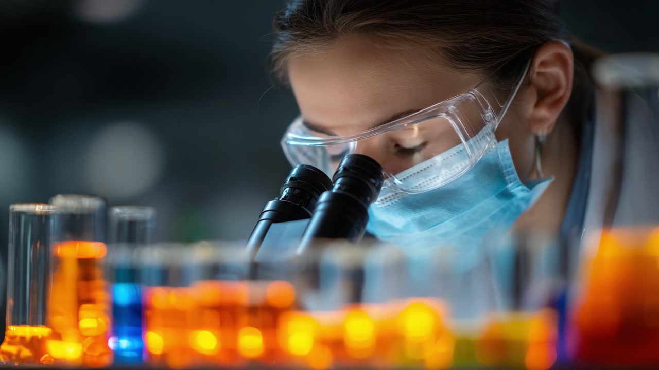Cientista Focado Usando um Microscópio para Analisar Reações Químicas Coloridas em um Ambiente de Laboratório, Capturando as Complexidades da Exploração Científica