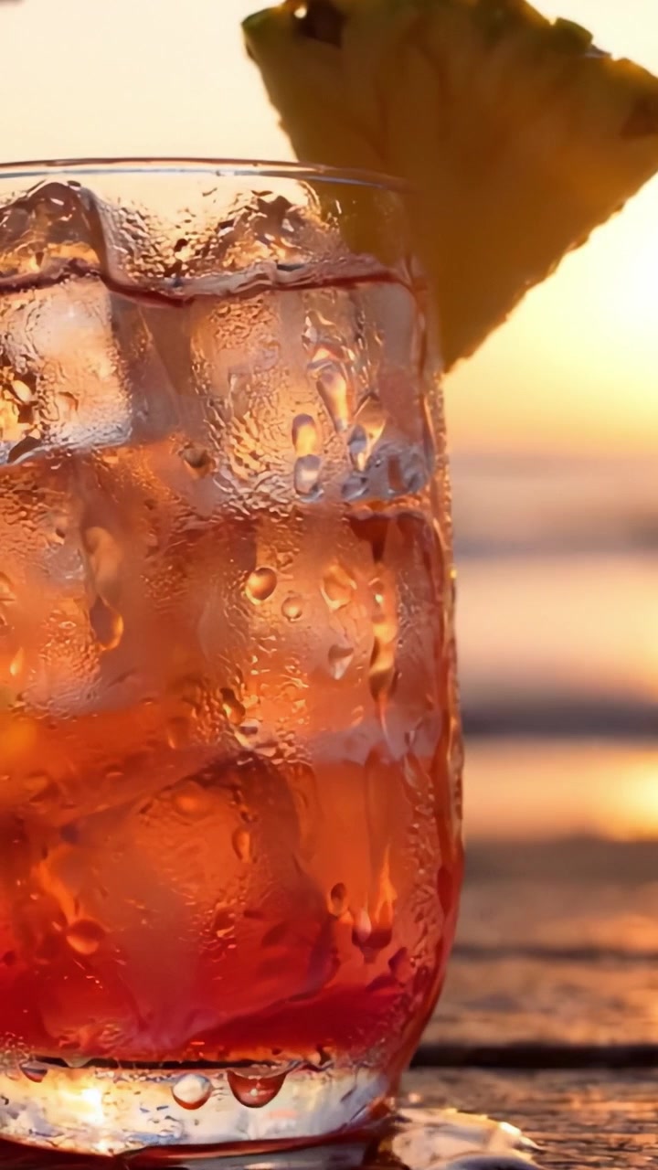 A Beautiful Sunset Cocktail: Refreshing Beverage with Ice and Garnish Perfectly Framed Against a Serene Beach Horizon, Evoking Relaxation and Leisure