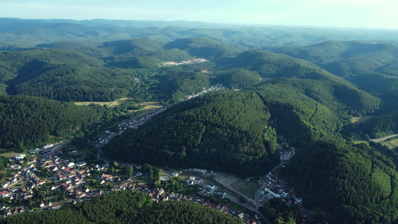 Aerial view of a village nestled in the German mountains