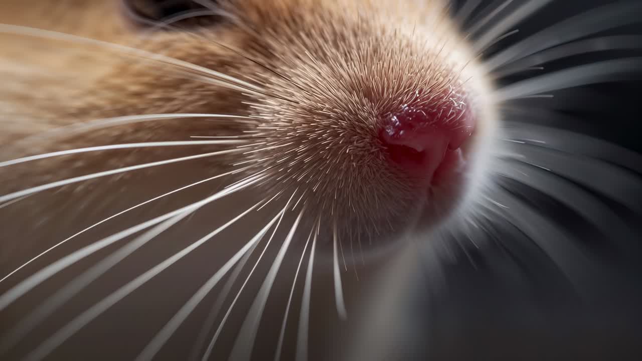 Criceto dorato che annusa e reagisce a un profumo, girando la testa in uno studio macro, mostrando i baffi