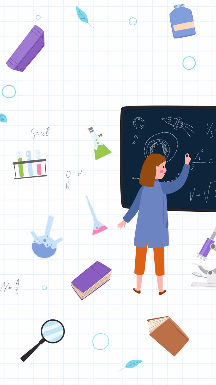 Girl Writing on a Blackboard in a Science Lab