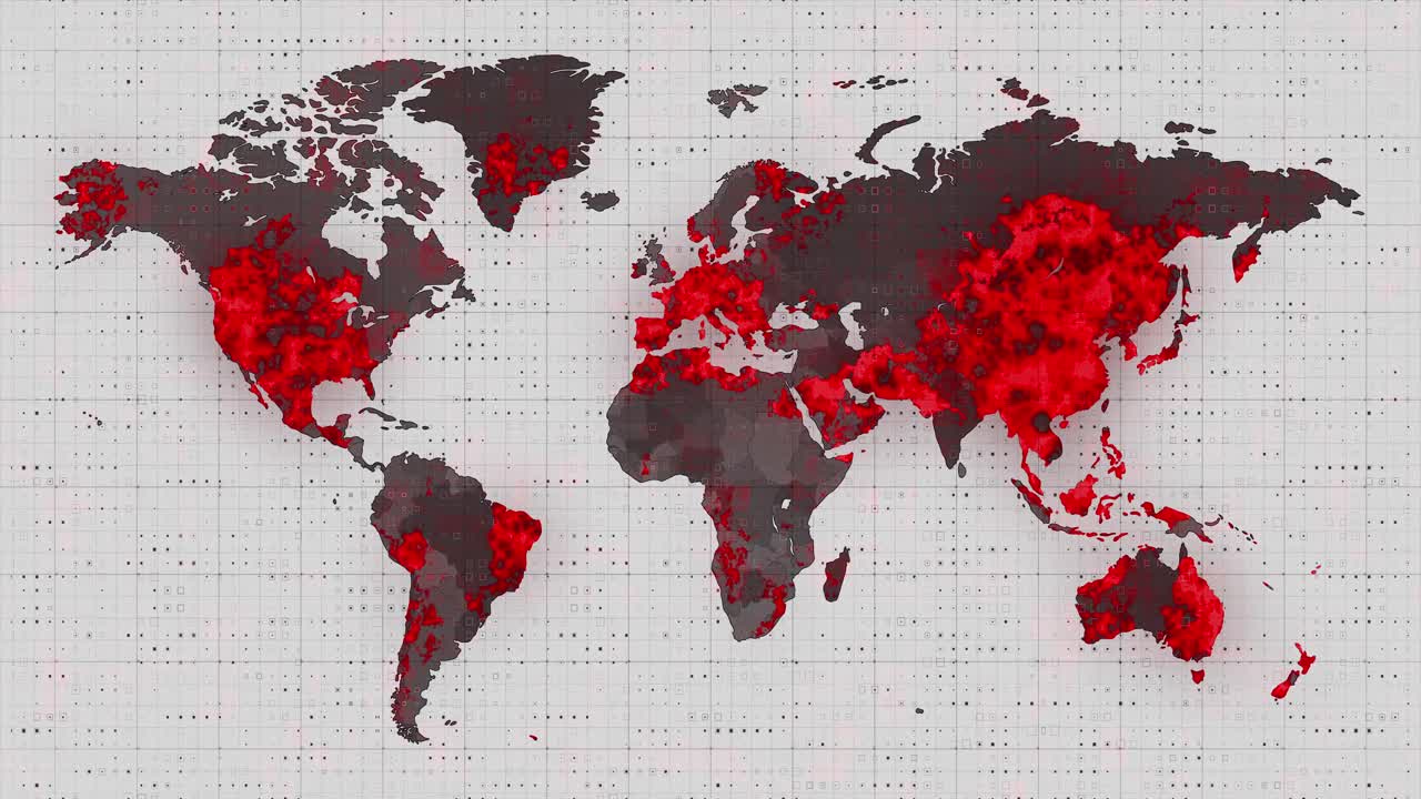 animación del mapa del mundo y los países que se vuelven rojos a través de círculos en un fondo blanco