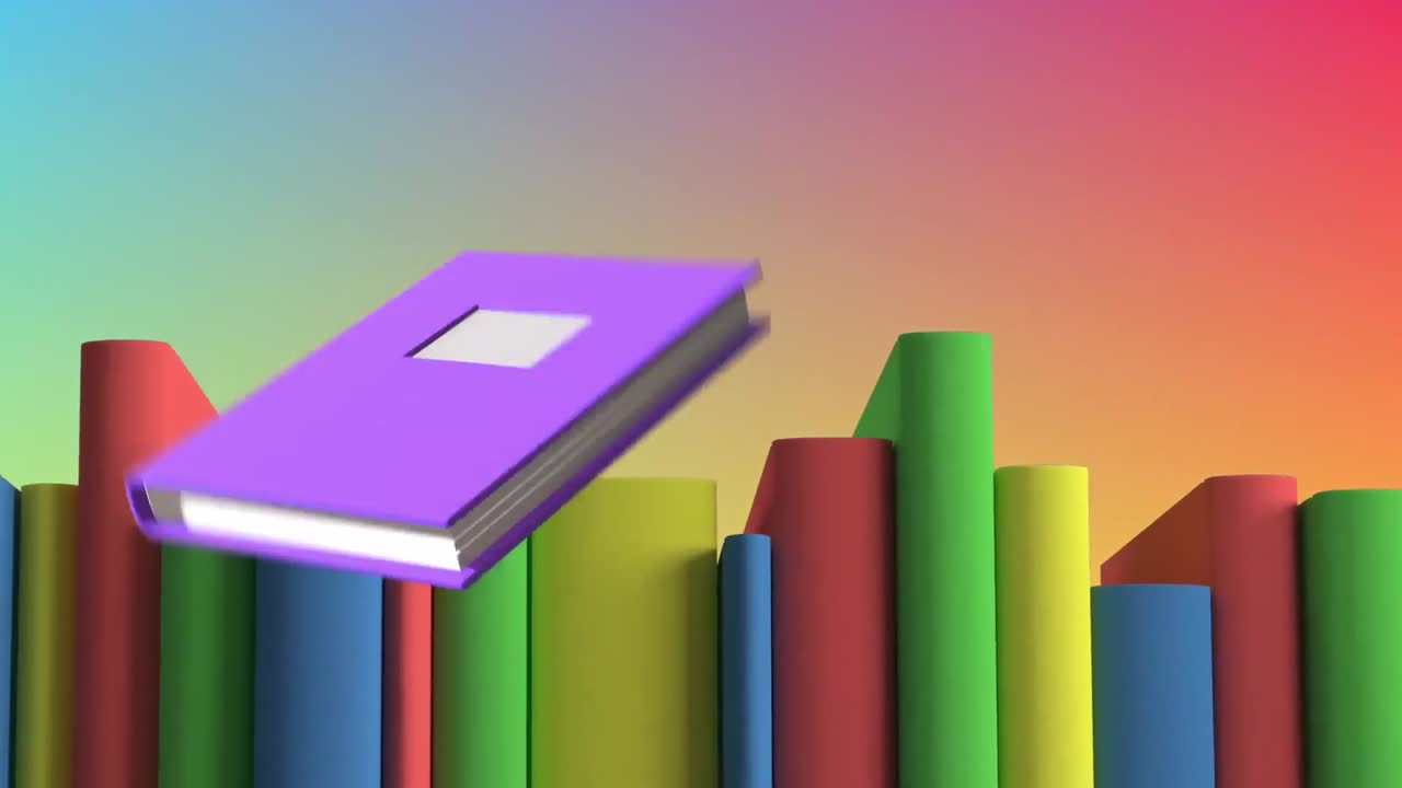 Animation of colourful books moving on colourful background