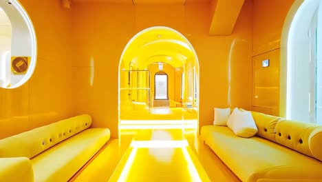 a yellow room with yellow walls and white furniture