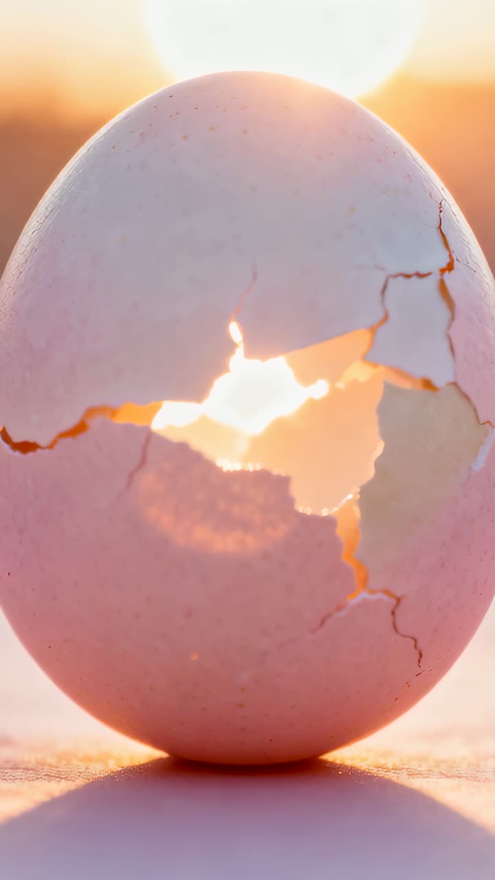 縦型動画：差し込む太陽の光が、テーブルの上に立てられた中央でひび割れた卵の殻を照らし、その輝きを現す。