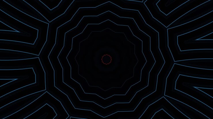 Fundo preto e azul com círculo vermelho no centro. Loop VJ de caleidoscópio