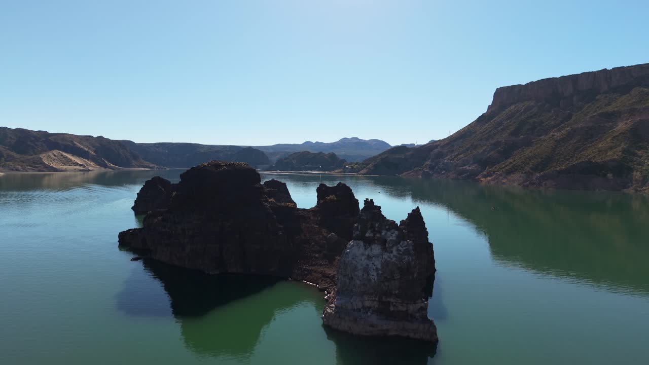 Aerial view of Valle Grande reservoir and Atuel Canyon in Mendoza Argentina, scenic landscape and eco-tourism