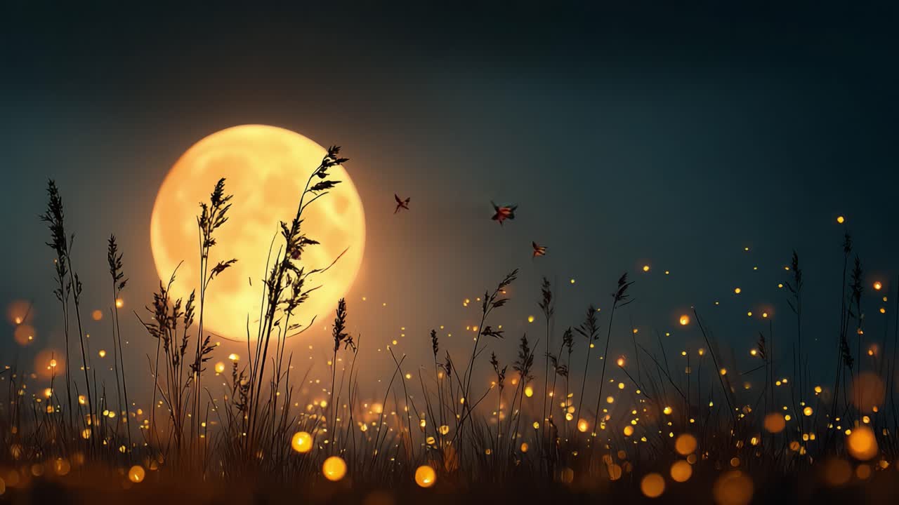 A Serene Night Scene Featuring a Majestic Full Moon Illuminating a Field of Glowing Fireflies and Tall Grasses, Creating a Magical and Tranquil Atmosphere