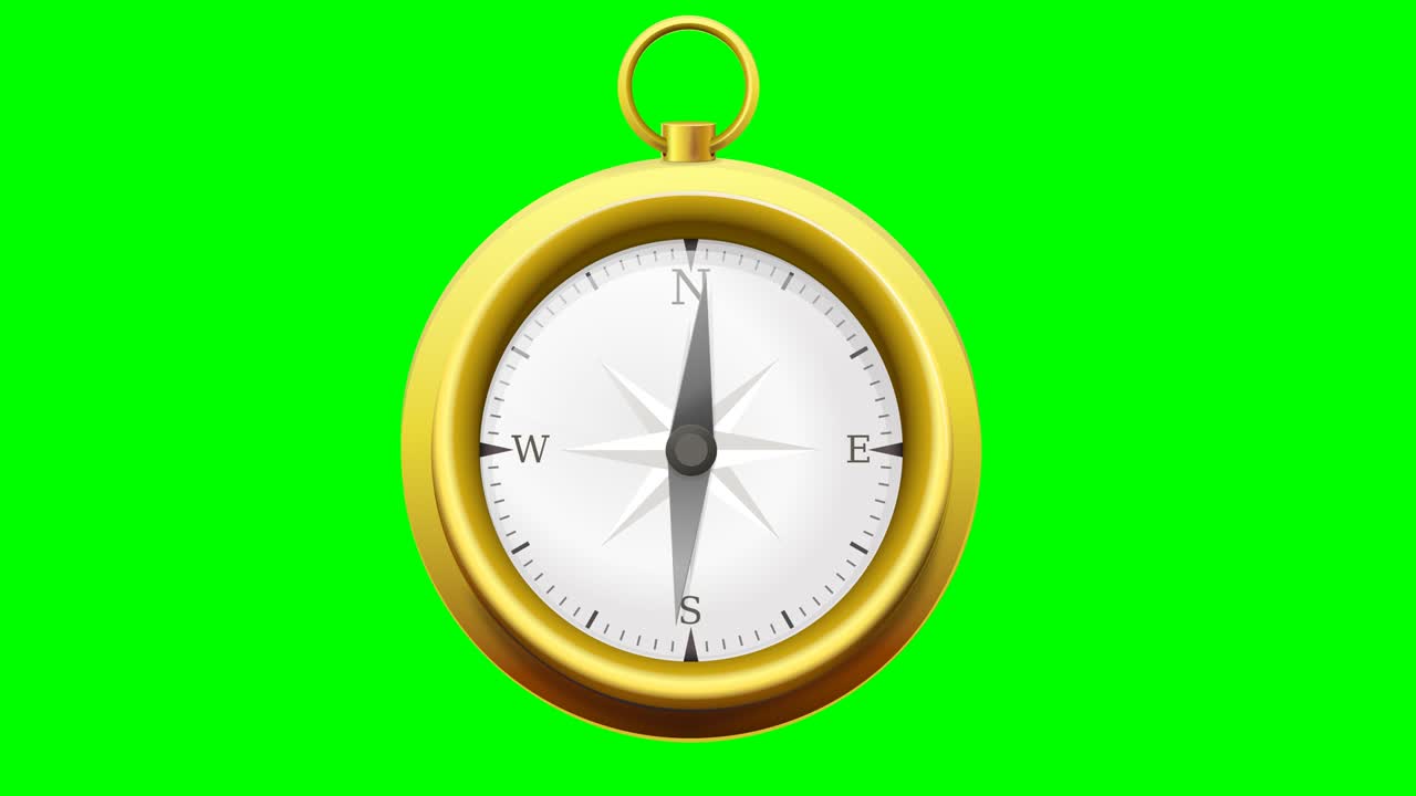Animation loop of a brass compass pointing north on green background
