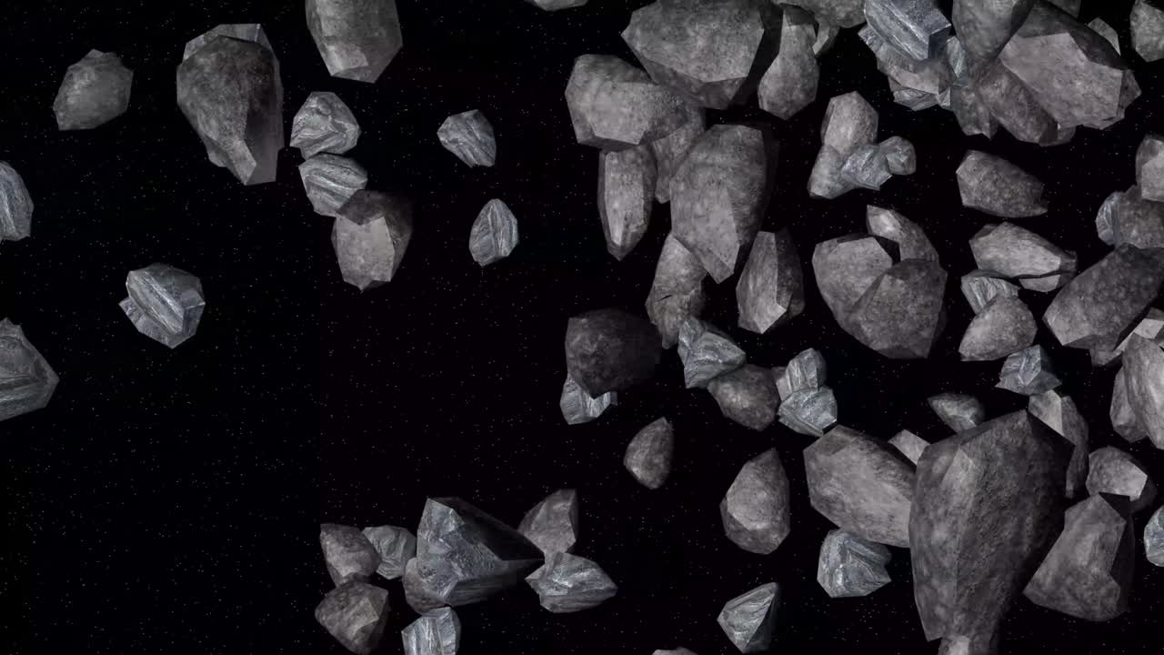 우주에서 날아다니며 회전하는 소행성 운석, 우주에 있는 돌들의 현실적인 애니메이션.