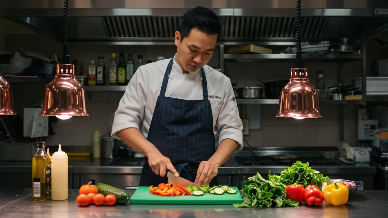 A Culinary Master in Action: Expert Chef Skillfully Slicing Fresh Vegetables in a Modern Kitchen, Bringing Life to Culinary Creations with Precision and Passion