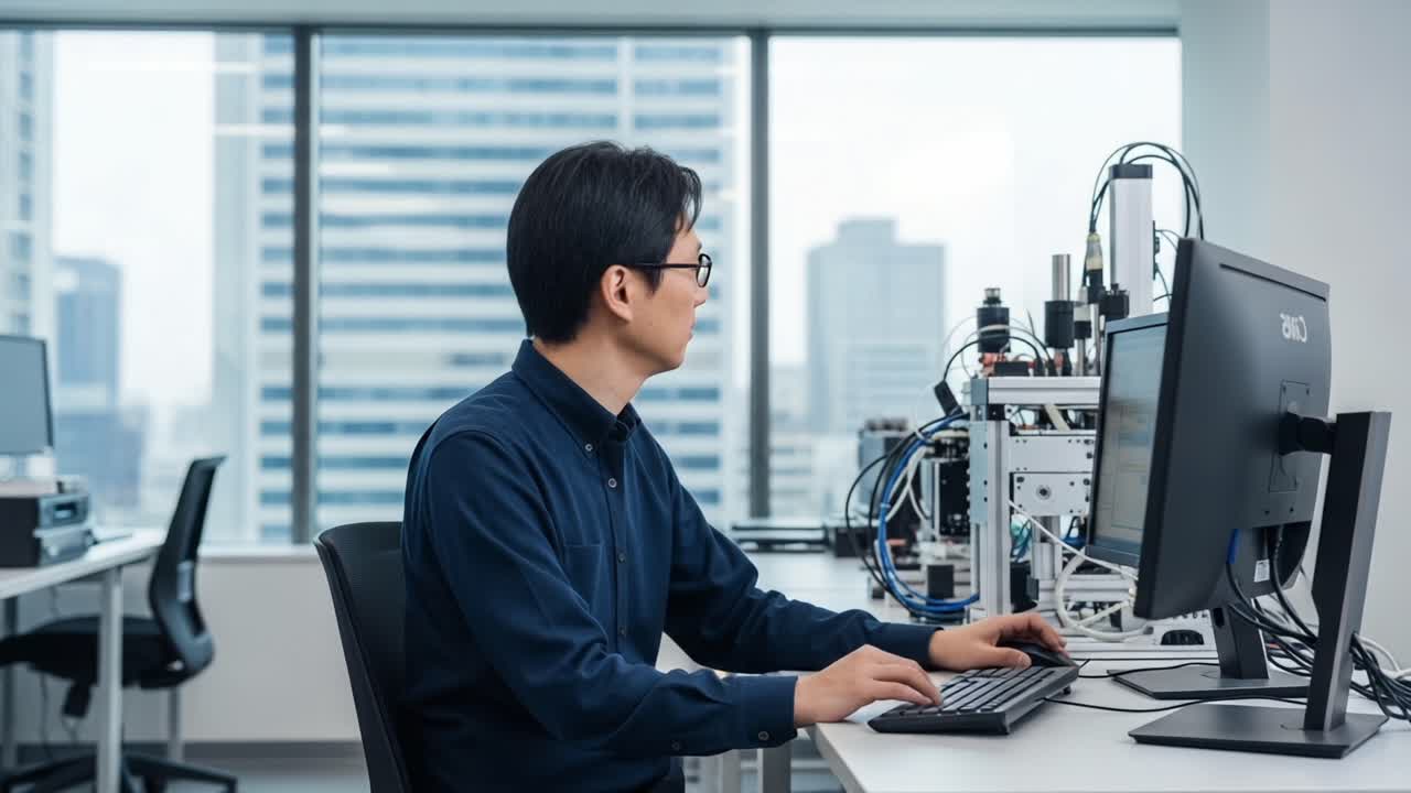 Focused Professional Working at Computer in Modern Office Environment, Engaged in Research and Development with Advanced Equipment and Technology