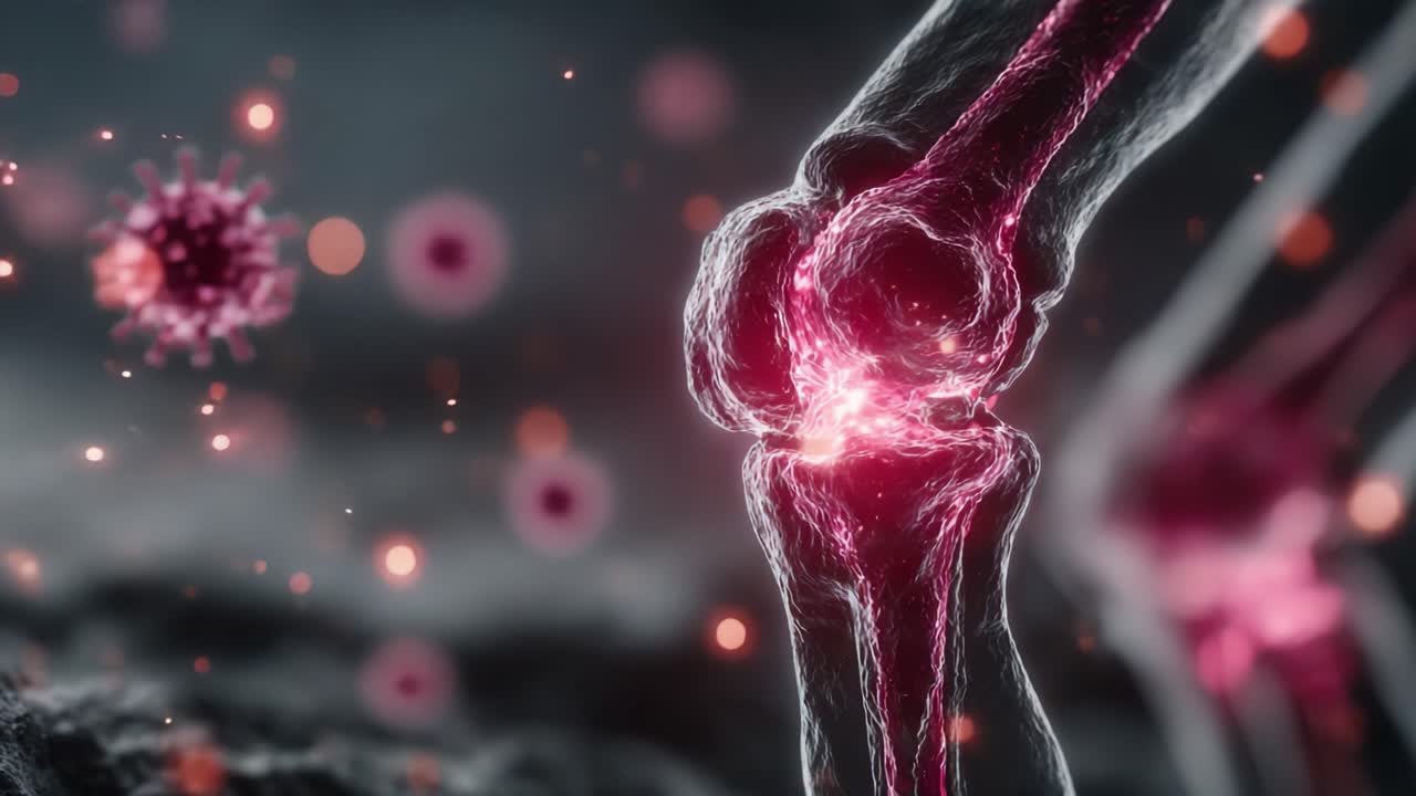 Uma Representação Visual em Close-Up da Inflamação Articular e Vírus Afetando a Saúde Humana na Área do Joelho, Destacando o Impacto da Doença no Movimento e na Funcionalidade