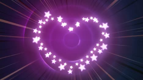 animation of star fairy lights forming heart frame with copy space on pulsating purple circles