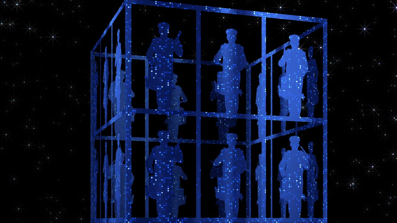 드럼 연주자, 픽셀처럼 반이는 윤, 파란색 반투명한 회전하는 큐브의 애니메이션.