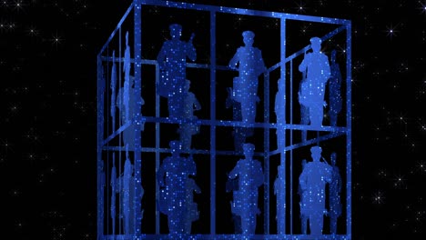 drummers. pixel-shimmery outlines. animation of a blue semi-transparent rotating cube.