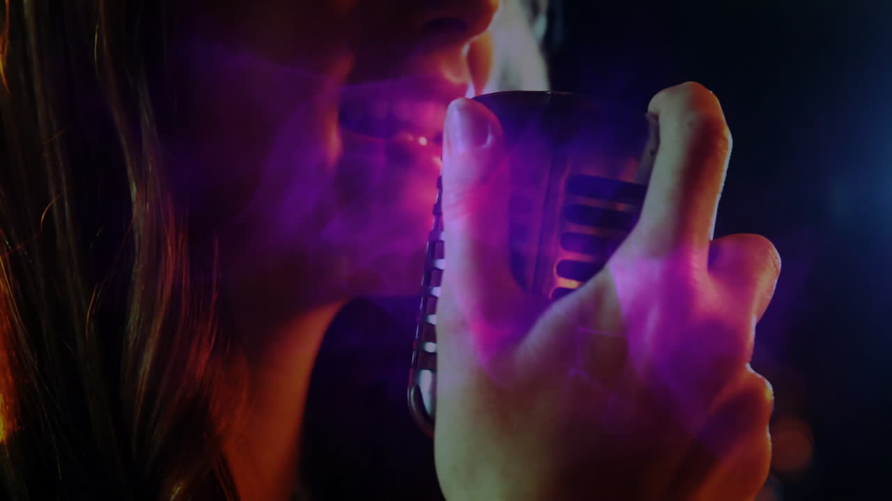 Woman singer holding retro microphone on music stage featuring animated sound waves and purple haze