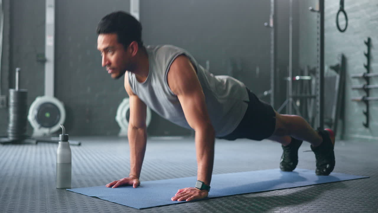 Fitness, man and pushups for muscle