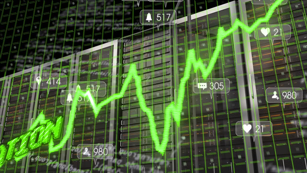 animación de texto, gráfico y cuadrícula de inflación verde sobre el procesamiento de datos y las notificaciones